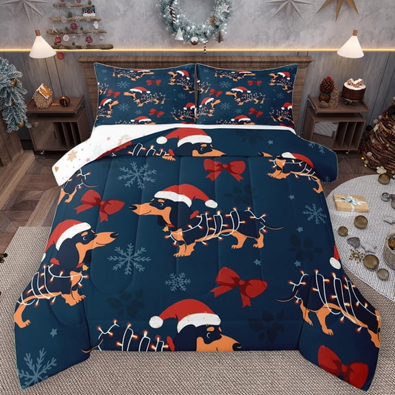 Manfei Kawaii Xmas Dachshund Bedding Comforter Set for Boy, Princess Ribbon Bow Twin Comforter Sets, Navy Christmas Theme Reversible Bedding Set, Luxury Bedroom Decor, 2 Pieces