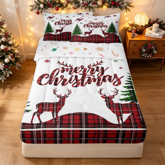 Manfei Kawaii Xmas Elk Zipper Queen Comforter Set with Fitted Sheet and 2 Pillowcases, Holiday Buffalo Christmas Zipper Bedding Set, White Red, Christmas Reversible, 4 Pieces