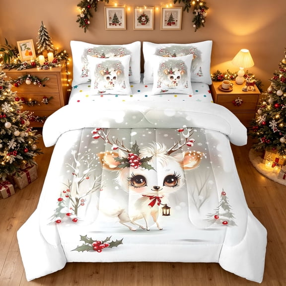 Manfei Kawaii Xmas Moose Twin Bedding, Dreamy Cartoon Deer Bedding Comforter Set, White Gray, Polkadot Reversible, 7pcs