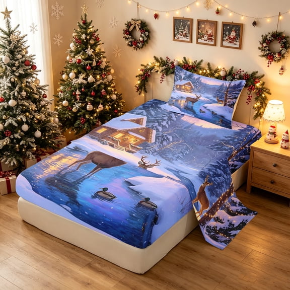Manfei Kawaii Xmas Moose Twin Sheets, Winter Lodge Cabin Bedding, Light Blue, 3-Piece, 1 Flat Sheet, 1 Fitted Sheet and 1 Pillowcase