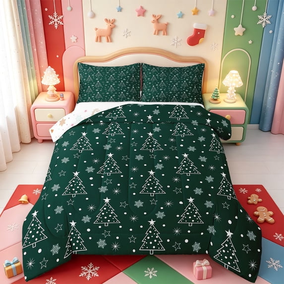 Manfei Kawaii Xmas Plaid Full Size Comforter Sets,Traditional Christmas Wreath Bedding Comforter Set,Xmas Reversible,3-Piece,1 Comforter and 2 Pillowcases