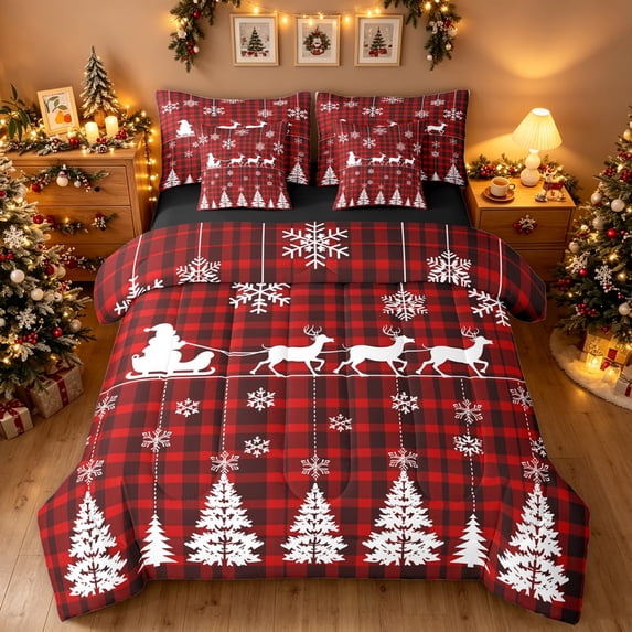 Manfei Kawaii Xmas Reindeer King Bedding, Merry Christmas Plaid King Bed in a Bag, Red White, Black Reversible, 7 Pieces
