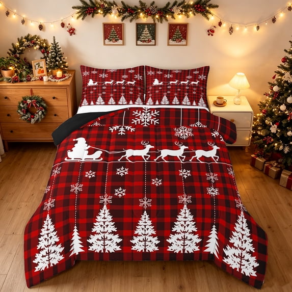 Manfei Kawaii Xmas Reindeer King Size Comforter Sets, Merry Christmas Plaid Comforters King Size, Red White, Black Reversible, 3 Pieces, 1 Comforter and 2 Pillowcases