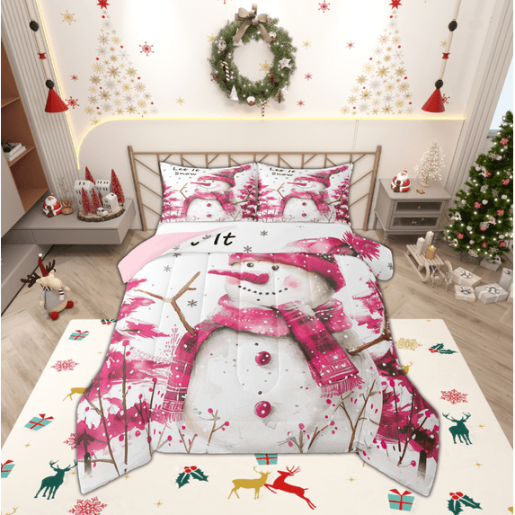 Manfei Kawaii Xmas Snowman Queen Comforter Set,Happy New Year Bedding Sets,Pink Splash Ink Bedding Comforter Set For Teens,Ultra Soft Home Decor Reversible,3-Piece