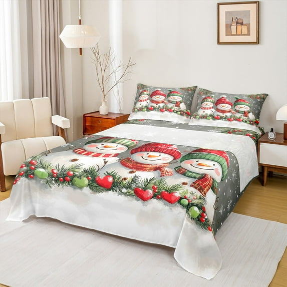 Manfei Kawaii Xmas Snowmen Queen Sheet Sets,Merry Christmas Flat Sheet,Red Green White Queen Fitted Sheet For Kids,Super Cozy Room Decor,4-Piece