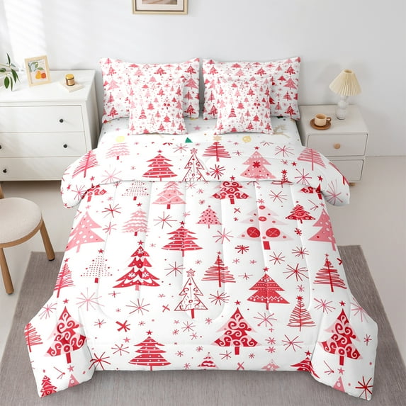 Manfei Kawaii Xmas Tree 7-Piece Bedding Comforter Set,Happy New Year King Bedding Sets,Red White Snowflake Bed Sheets For Girl Boy,Luxury Bedroom Decor Reversible
