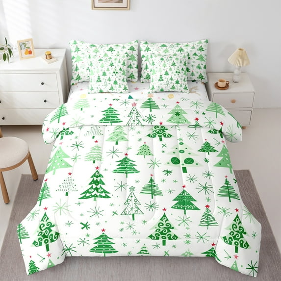 Manfei Kawaii Xmas Tree 7pcs Bedding Comforter Set,Happy New Year Queen Bedding Sets,Green White Snowflake Queen Sheet Sets For Girl Boy,Luxury Bedroom Decor Reversible