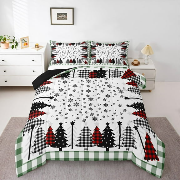 Manfei Kawaii Xmas Tree Child Bedding Comforter Set, Winter Christmas Twin Comforter Sets, Green Plaid Reversible Bedding Set, Luxury Bedroom Decor, 2 Pieces