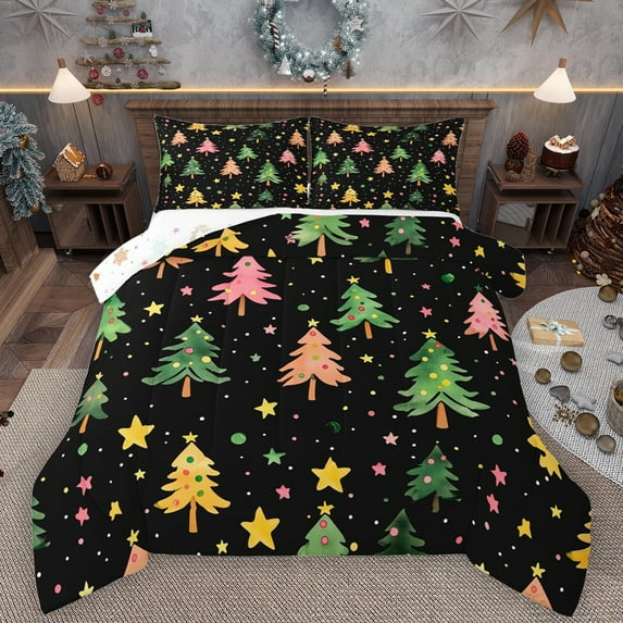 Manfei Kawaii Xmas Tree Queen Comforter Set,Colorful Graffiti Stars Bedding Sets,Merry Christmas Bedding Comforter Set For Teens,Super Cozy Room Decor Reversible,3-Piece