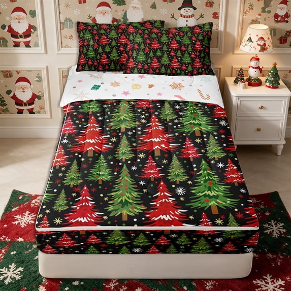 Manfei Kawaii Xmas Tree Zipper Twin Comforter Sets with Fitted Sheet and 2 Pillowcases,Happy New Year Zipper Bedding Set,Reversible