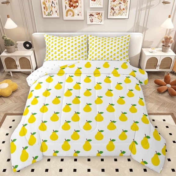 Homewish Kawaii Yellow Pear Queen Comforter Set, Cute Cartoon Fruit Bedding Sets, Teens Kids Boys Girls Reversible Bedding Comforter Set, Microfiber Bedroom Decor, 3pcs