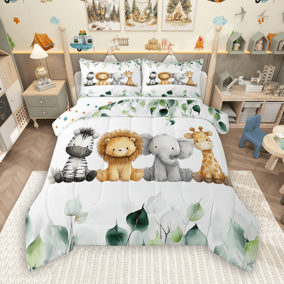 Manfei Kawaii Zebra Giraffe Lion Elephant Full Size Comforter Sets 3-Piece, Jungle Animal Bedding Comforter Set, Watercolor Eucalyptus Leaves Bedding Sets, Lightweight Room Decor