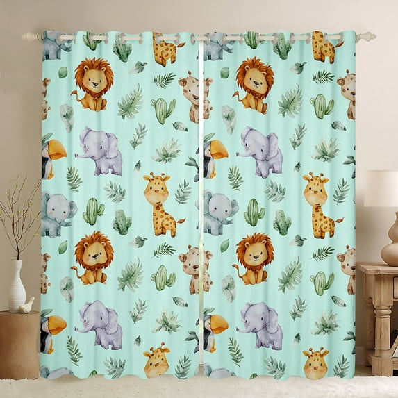 Manfei Kawaii Zoo Animal Blackout Curtains Set of 2 (52x84 Each) for Teen, Cute Lion Giraffe Window Curtains, Leaf Cactus Plant Curtains and Drapes, Living Room Curtains Decor