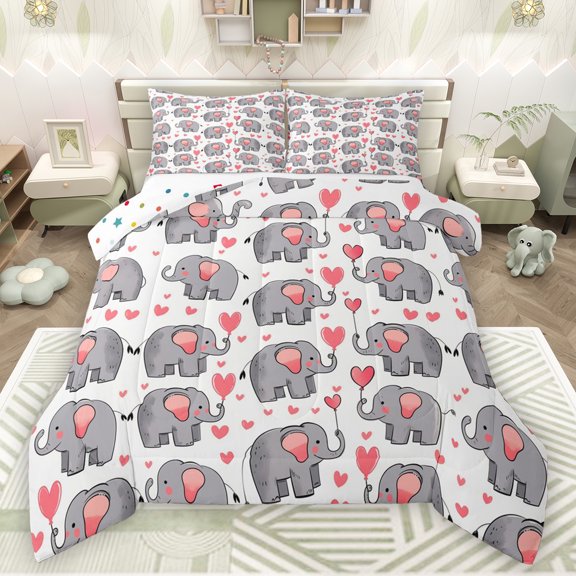 Manfei Kawaii Zoo Elephant Bedding Comforter Set,Wild Animal Twin Comforter Sets,Pink Loves Balloon Bedding Set For Girls Kids,Breathable Home Decor Reversible,2pcs