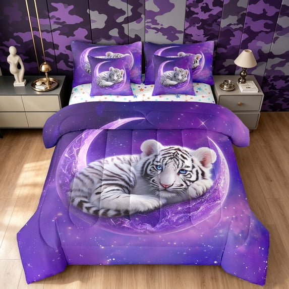 Manfei Kawii White Tiger Full Size Bedding Sets, Dreamy Comic Moon Full Size Bed in a Bag, Purple White, Colorful Stars Reversible, 7 Pieces