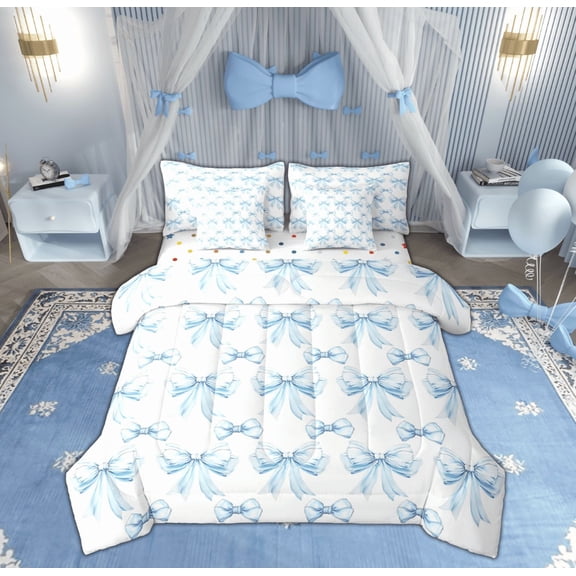 Manfei Kid Blue Bow-tie Bedding Comforter Set 7 Pieces, Kawaii Princess Style Full Bedding Set, Fashion Ribbon Bowknot Reversible Fitted Sheet Flat Sheet, Breathable Home Decor