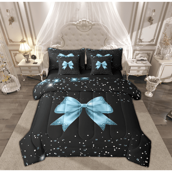 Manfei Kid Blue Bow-tie Bedding Comforter Set 7pcs, Mystic Sequin Print Queen Bedding Sets, Vintage Ribbon Bowknot Reversible Queen Sheet Sets, Super Cozy Room Decor