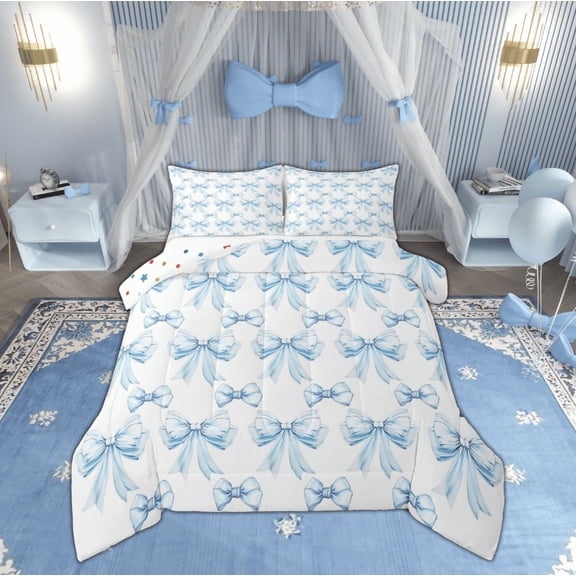 Manfei Kid Blue Bow-tie Queen Comforter Set, Kawaii Princess Style Bedding Comforter Set, Fashion Ribbon Bowknot Reversible Bedding Set, Breathable Home Decor, 3pcs
