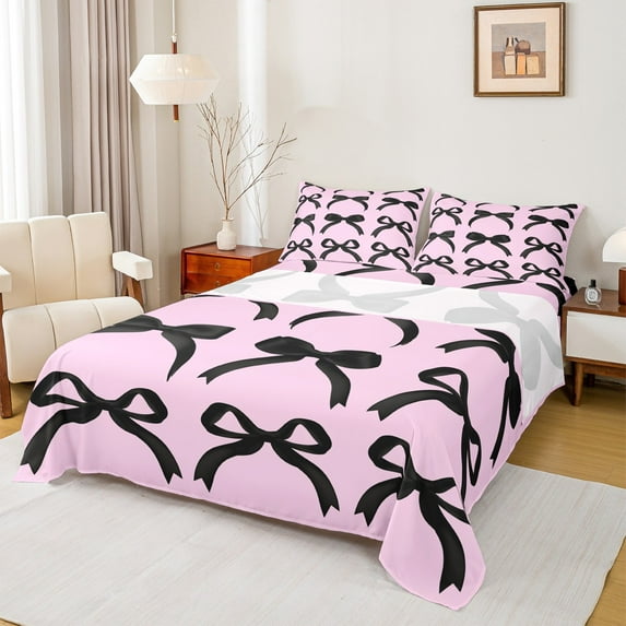 Manfei Kid Cartoon Bow-tie Twin Sheet Sets, Fairy Tale Twin Fitted Sheet, Vintage Ribbon Bowknot Flat Sheet, Microfiber Bedroom Decor, 3 Pieces