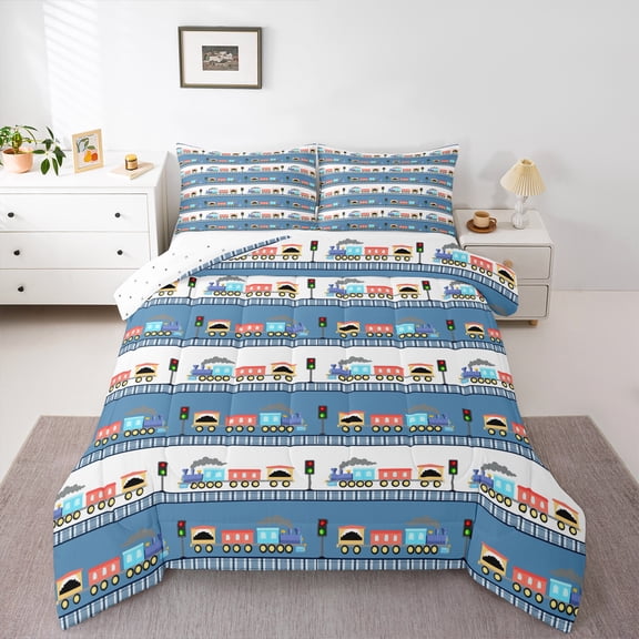 Manfei Kid Cartoon Train Bedding Comforter Set, Boys Construction Truck Twin Comforter Sets, Tractor Machinery Reversible Bedding Set, Breathable Home Decor, 2pcs