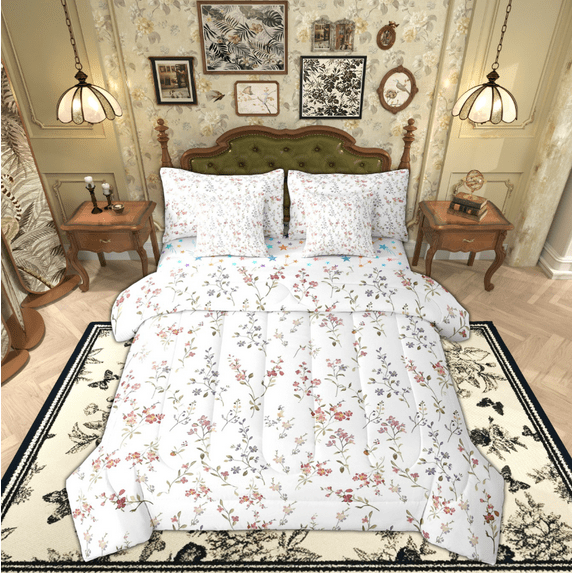 Manfei Kid Flower Floral Bedding Comforter Set 7 Pieces, Rustic Countryside Full Bedding Set, Plant Botanical Reversible Fitted Sheet Flat Sheet, Breathable Home Decor