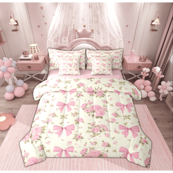 Manfei Kid Pink Bow-tie Bedding Comforter Set 7-Piece, Spring Garden Flower King Bedding Sets, Vintage Ribbon Bowknot Reversible Bed Sheets, Luxury Bedroom Decor