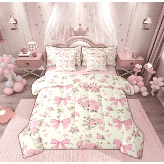Manfei Kid Pink Bow-tie Bedding Comforter Set 7pcs, Spring Garden Flower Queen Bedding Sets, Vintage Ribbon Bowknot Reversible Queen Sheet Sets, Luxury Bedroom Decor