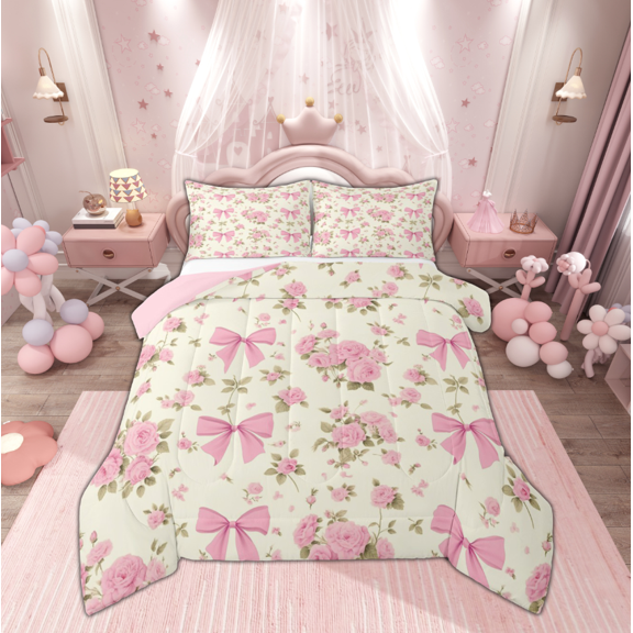 Manfei Kid Pink Bow-tie Bedding Comforter Set, Spring Garden Flower Twin Comforter Sets, Vintage Ribbon Bowknot Reversible Bedding Set, Luxury Bedroom Decor, 2 Pieces