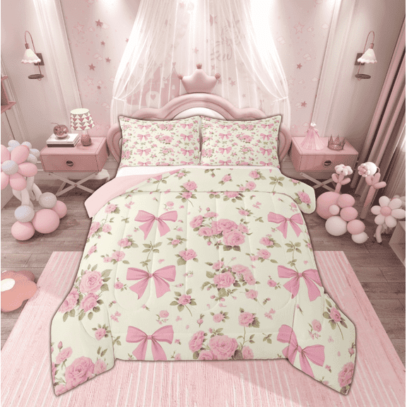 Manfei Kid Pink Bow-tie Queen Comforter Set, Spring Garden Flower Bedding Comforter Set, Vintage Ribbon Bowknot Reversible Bedding Set, Luxury Bedroom Decor, 3 Pieces