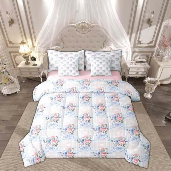 Manfei Kid Romantic Rose Twin Bedding Sets 7-Piece, Cartoon Blue Bow-tie Bedding Comforter Set, Chic Buffalo Plaid Reversible Sheet Sets, Lightweight Room Decor