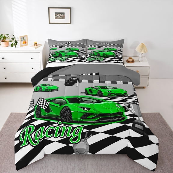 Manfei Kid Sports Cars Queen Comforter Set,Racing Track Print Comforter Sets Queen,Green,Black Reversible,3pcs,1 Comforter and 2 Pillowcases