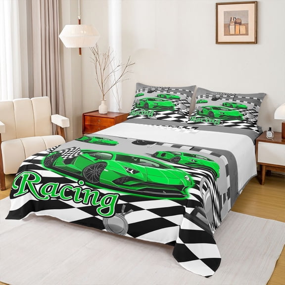Manfei Kid Sports Cars Queen Sheets,Racing Track Print Queen Sheet Sets,Green,4pcs,1 Flat Sheet, 1 Fitted Sheet and 2 Pillowcases