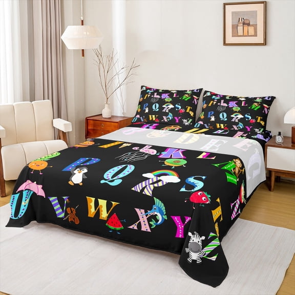 Manfei Kids Alphabet Bed Sheets 4pcs, Monogrammed Letter King Sheets, Rainbow Penguin Sheet Set, Microfiber Bedroom Decor