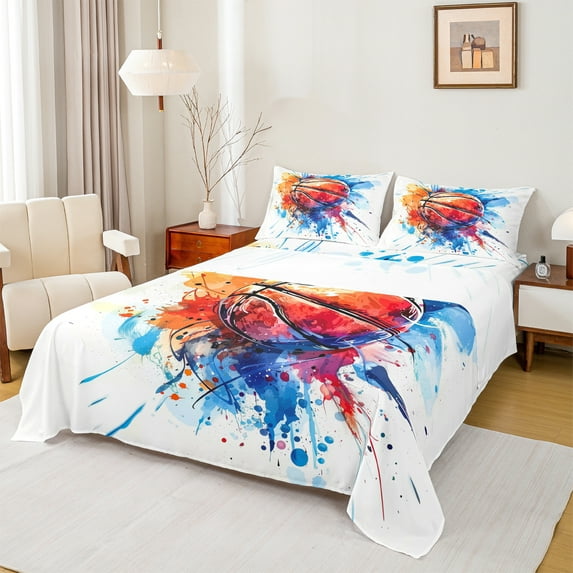 Manfei Kids Baksetball Game Bed Sheets,Ball Sport Theme King Sheets,Multicolor Splash Ink Sheet Set For Kids Boy,Microfiber Bedroom Decor,4pcs