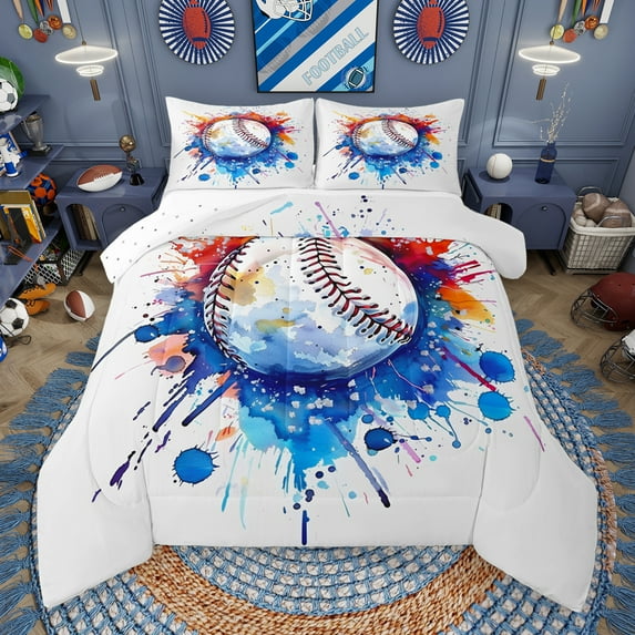 Manfei Kids Baseball Game Full Size Comforter Sets,Colorful Solash Ink Bedding Comforter Set,Ball Sport Lover Bedding Sets For Girls Kids,Super Cozy Room Decor Reversible,3pcs