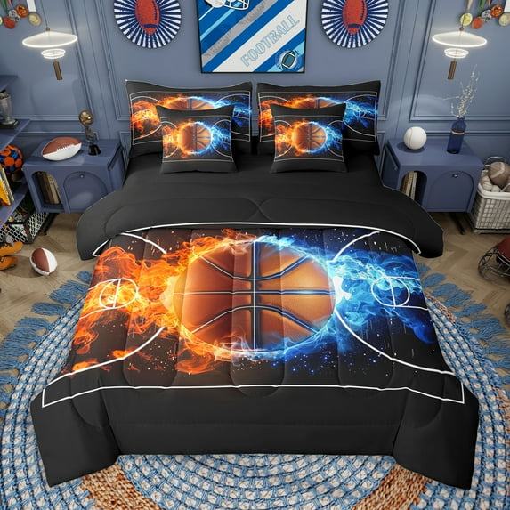 Manfei Kids Basketball Game 7-Piece Bedding Comforter Set,Sport Theme King Bedding Sets,Blue Orange Black Bed Sheets For Kids Boy,Microfiber Bedroom Decor Reversible