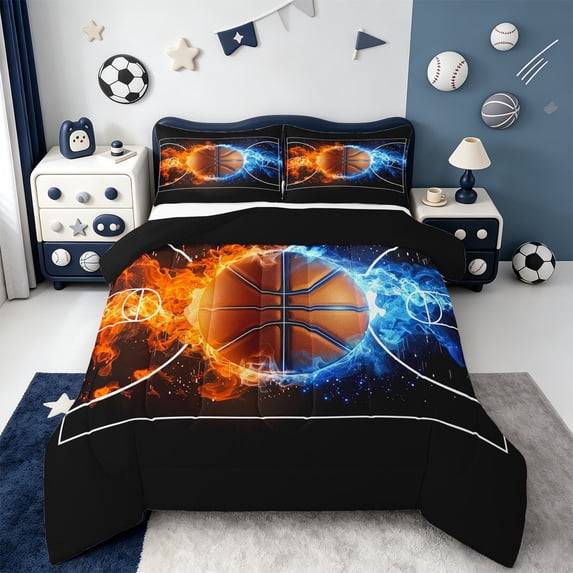 Manfei Kids Basketball Game Full Size Comforter Sets,Sport Theme Bedding Comforter Set,Blue Orange Black Bedding Sets For Kids Boy,Microfiber Bedroom Decor Reversible,3pcs