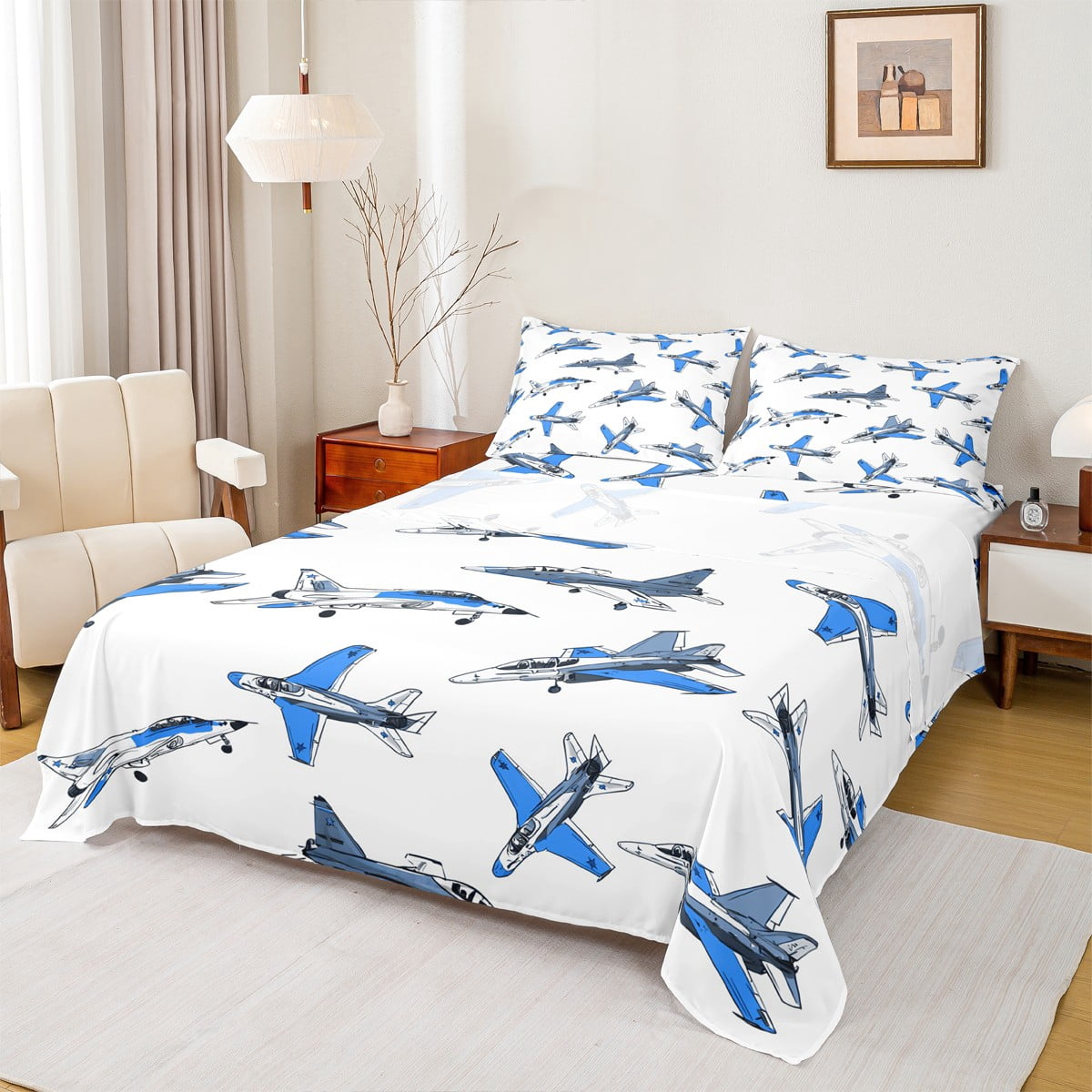 Manfei Kids Blue Aircraft Bed Sheets 4pcs, Cartoon Airplane King Sheets ...