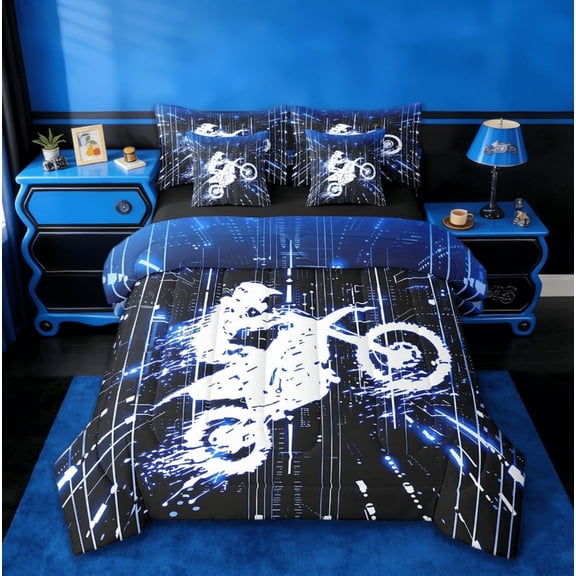 Manfei Kids Blue Dirt Bike 7 Pieces Bedding Comforter Set,Extreme Sports Racing Motocross Rider Full Bedding Set For Motorcycle Teens Reversible