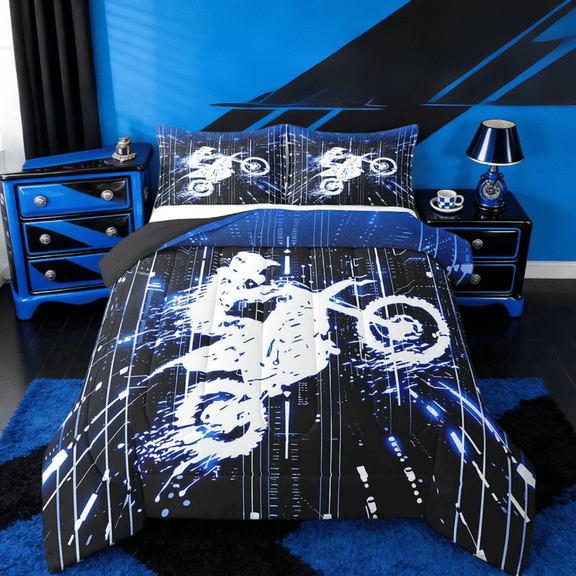 Manfei Kids Blue Dirt Bike Twin Comforter Sets,Extreme Sports Racing Motocross Rider Bedding Set For Motorcycle Teens Reversible 2pcs