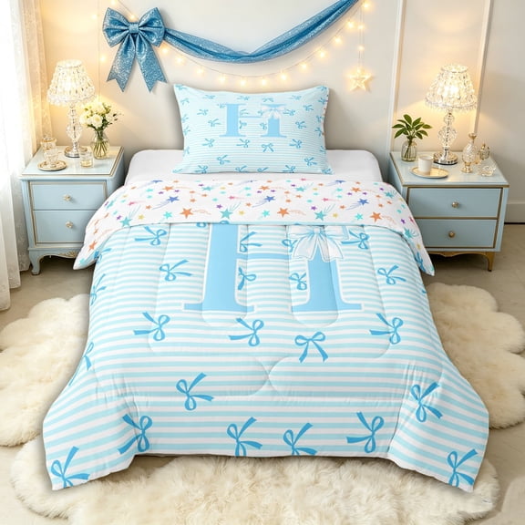 Manfei Kids Blue Letter Monogrammed H Twin Comforter Sets 3-Piece,Cartoon Bowknot Stripes Bedding Set for Teens Girls,Breathable Home Decor
