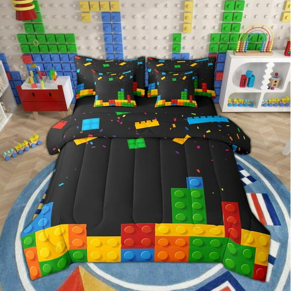 Manfei Kids Building Blocks Boy Twin Bedding Sets 7-Piece, Funny Construction Game Bedding Comforter Set, Colorful Bricks Sheet Sets