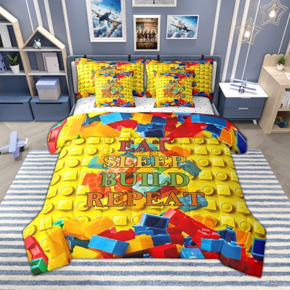 Manfei Kids Building Blocks Twin Bedding Sets 7pcs for Boys Girls, Funny Game Bedding Comforter Set, Eat Sleep Build Repeat Print Sheet Sets, Super Cozy Room Decor
