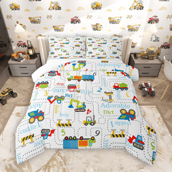 Manfei Kids Cartoon Car Bedding Comforter Set 2pcs, Equipped Truck Twin Comforter Sets, Colorful Train Bedding Set, Super Cozy Room Decor