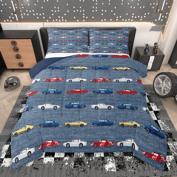 Manfei Kids Cartoon Car Bedding Comforter Set, Steel Blue Twin Comforter Sets, Vehicle Truck Theme Reversible Bedding Set, Luxury Bedroom Decor, 2-Piece