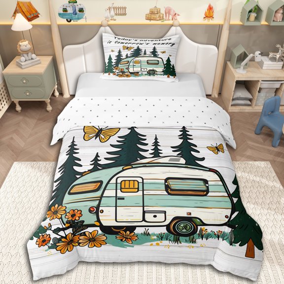 Manfei Kids Cartoon Car Butterflies Twin Bedding,Teens Rustic Cottage Duvet Cover Set,2pcs,No Comforter,Ultra Soft Home Decor