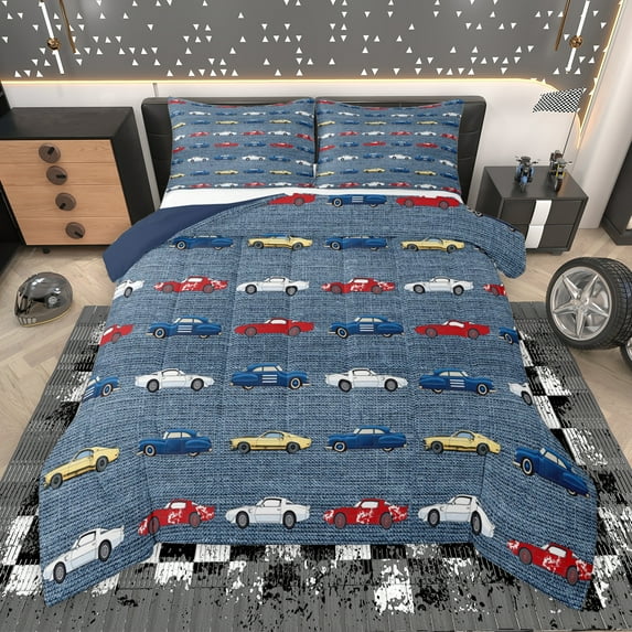 Manfei Kids Cartoon Car Queen Comforter Set, Steel Blue Bedding Sets, Vehicle Truck Theme Reversible Bedding Comforter Set, Luxury Bedroom Decor, 3-Piece