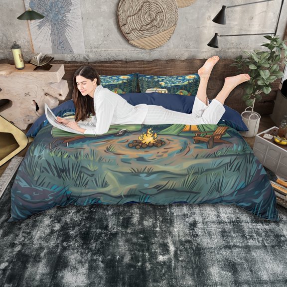 Manfei Kids Cartoon Car Tent Duvet Cover Set,Teens Watercolor Starry Sky Bedding Full,3-Piece,No Comforter,Navy Blue Reversible,Microfiber Bedroom Decor