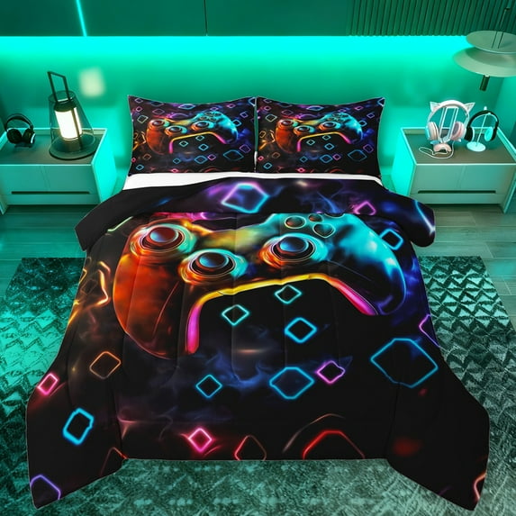 Manfei Kids Cartoon Console Full Size Comforter Sets,Gamepad Gamer Gaming Bedding Comforter Set,Modern Abstract Geometric Plaid Bedding Sets For Boys Teens,Luxury Bedroom Decor Reversible,3-Piece