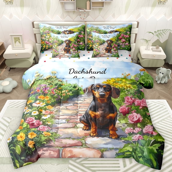 Manfei Kids Cartoon Dachshund Bedding Comforter Set 7pcs, Kawaii Dog Dalmatian Queen Bedding Sets, Rustic Farmhouse Floral Reversible Queen Sheet Sets, Super Cozy Room Decor